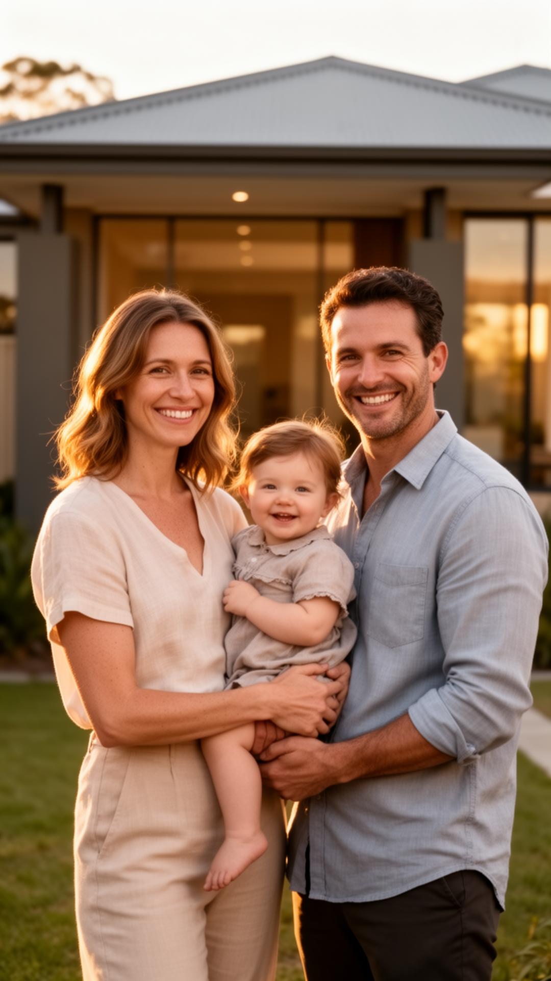 Happy family of three in front of their family home